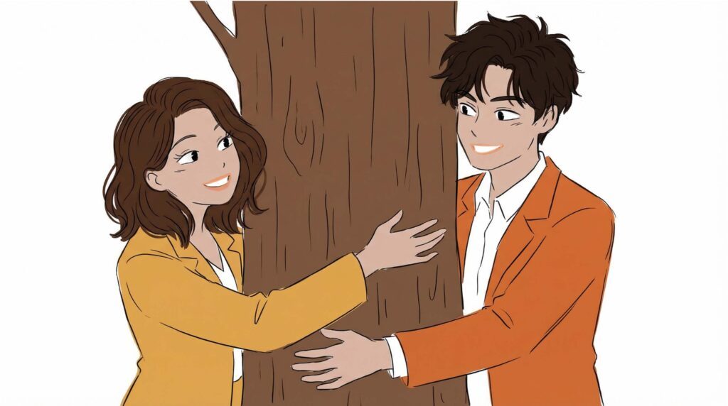 Couple faisant un câlin à un arbre - faire-part de mariage écologique